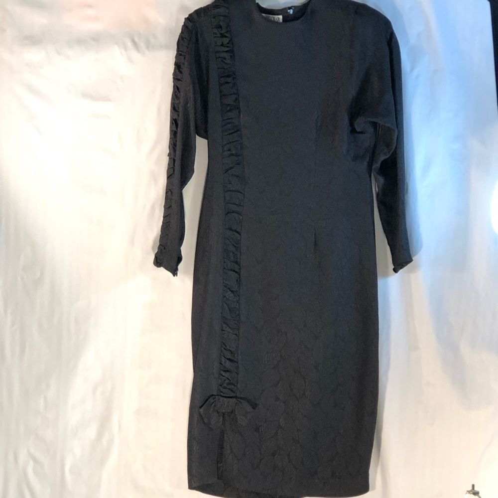 Joanie Char Black Vintage Silk Mid Length Embossed Ruched Long Sleeve Dress 6